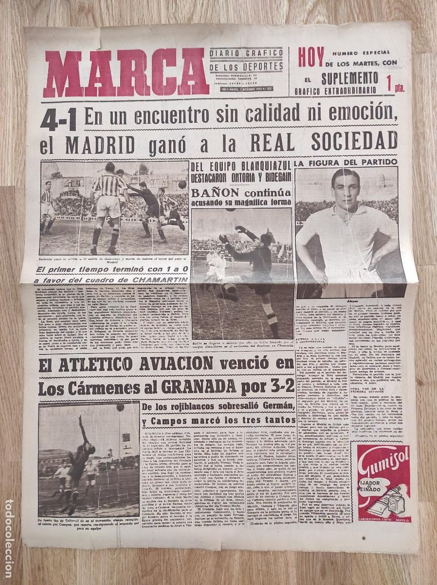 Coleccionismo deportivo: DIARIO MARCA 1943 LIGA 43 44 MADRID REAL SOCIEDAD - ATLETICO AVIACION GRANADA - VALENCIA