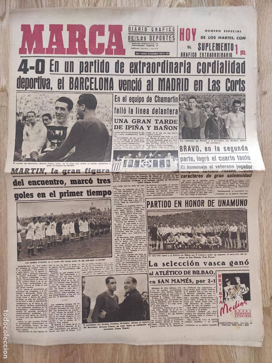 Coleccionismo deportivo: DIARIO MARCA 1943 BARCELONA 4-0 REAL MADRID - SELECCION VASCA - TENIS - VALENCIA MURCIA