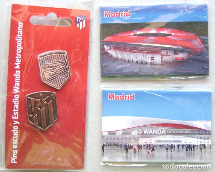Coleccionismo deportivo: 2 IMANES MAGNET + 2 PINS ATLETICO MADRID : WANDA METROPOLITANO + NEW LOGO BADGE