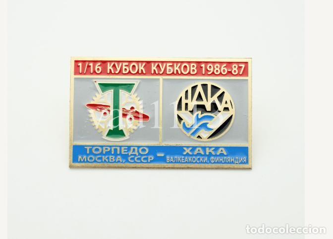Collezionismo sportivo: Badge Pin: UEFA Cup Winners' Cup 1986-87 FC Torpedo Moscow USSR - &rdquo; FC Haka &rdquo; Finland