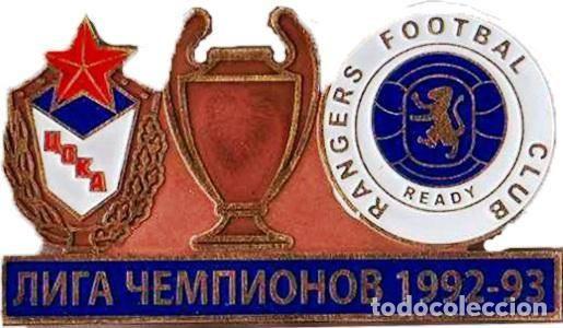 Collezionismo sportivo: Badge Pin: UEFA Champions League 1992-93 CSKA Moscow Russia - &rdquo; Rangers FC Glasgow &rdquo; Scotland