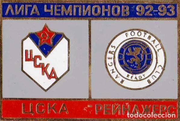 Collezionismo sportivo: Badge Pin: UEFA Champions League 1992-93 CSKA Moscow Russia - &rdquo; Rangers FC Glasgow &rdquo; Scotland