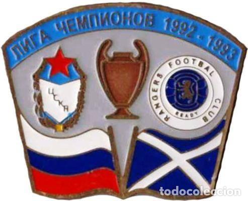 Collezionismo sportivo: Badge Pin: UEFA Champions League 1992-93 CSKA Moscow Russia - &rdquo; Rangers FC Glasgow &rdquo; Scotland