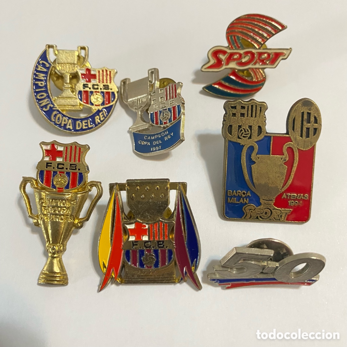 Collezionismo sportivo: Pins Bar&ccedil;a Barcelona copa del rey 1997 Recopa europa 5-0 campions Milan atenas 1994 pin
