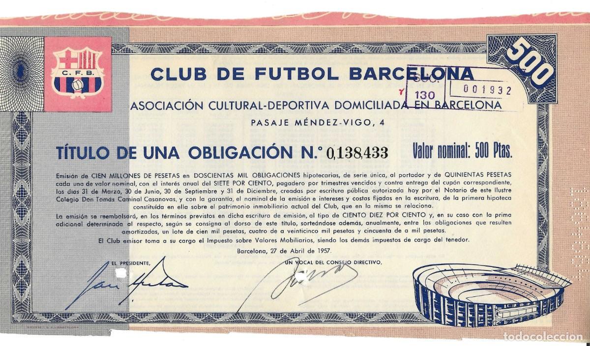 Coleccionismo deportivo: TITULO DE UNA OBLIGACION, CLUB FUTBOL BARCELONA.