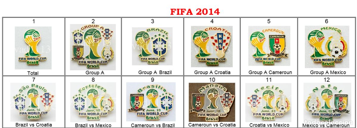 Coleccionismo deportivo: Metal pin badge FIFA - football Brazil World Cup 2014 part 1 /large set/. Sale by piece.