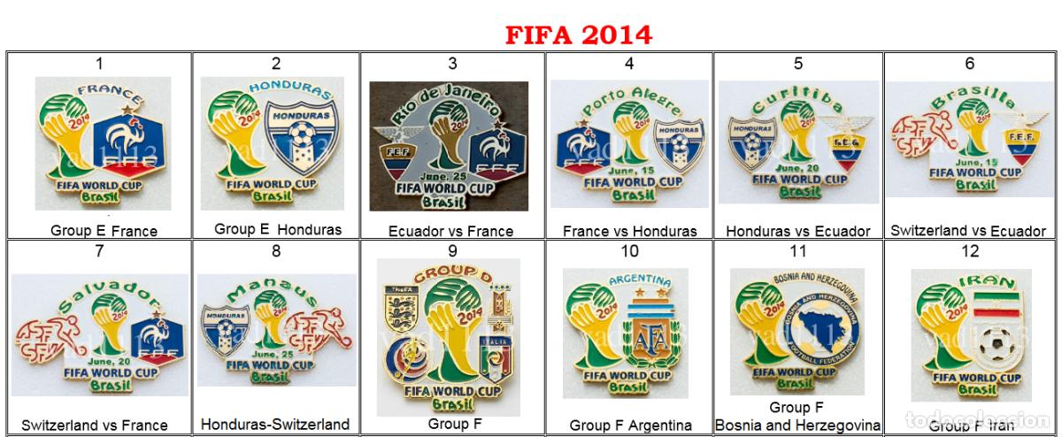 Coleccionismo deportivo: Metal pin badge FIFA - football Brazil World Cup 2014 part 2 /large set/. Sale by piece.