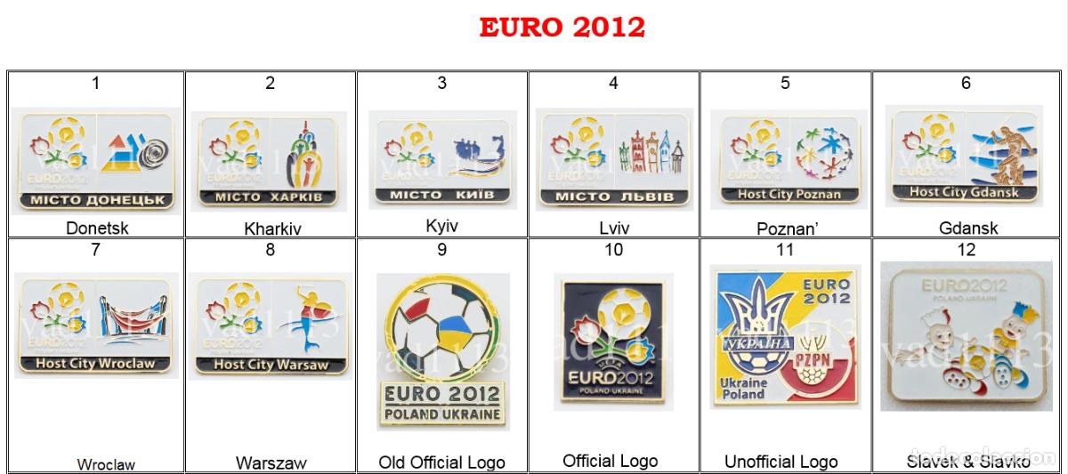 Coleccionismo deportivo: Metal pin badge UEFA football Poland, Ukraine EURO 2012 part 1 /large set/.