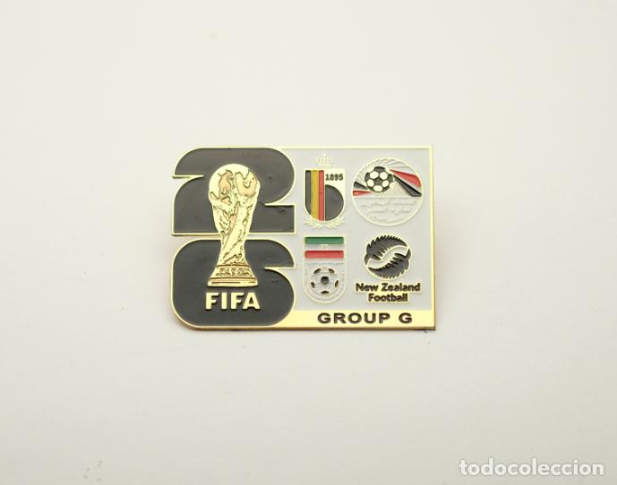 Coleccionismo deportivo: Metal badge football 2026 FIFA World Cup group G - Belgium, Egypt, Iran, New Zealand.