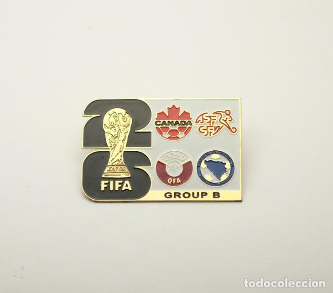 Coleccionismo deportivo: Metal badge football 2026 FIFA World Cup group B- Canada, Switzerland, Bosnia and Herzegovina, Qatar