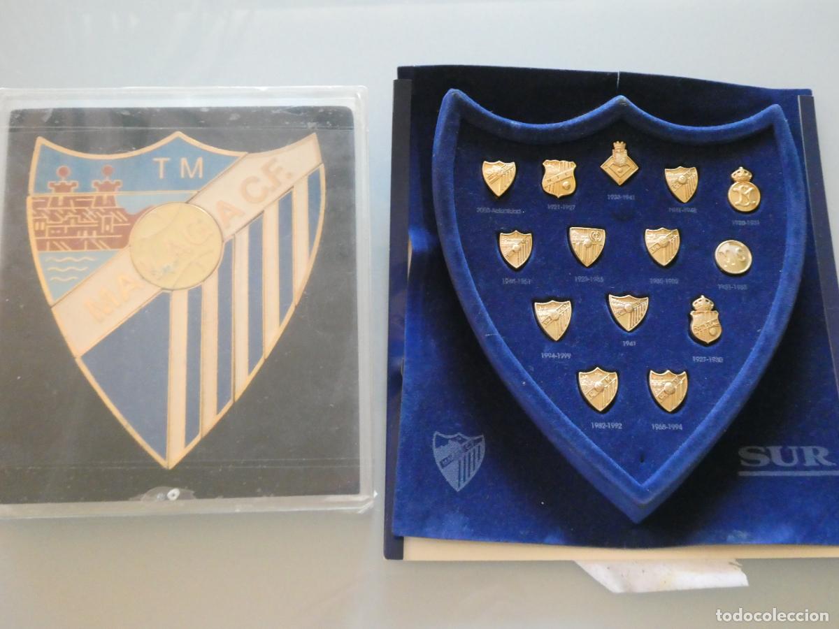 Coleccionismo deportivo: 2 SETS COMPLETOS 8 + 14 PINS ESCUDO PUZZLE 110 A&Ntilde;OS ESCUDOS HISTORIA M&Aacute;LAGA CLUB DE F&Uacute;TBOL. 390GR