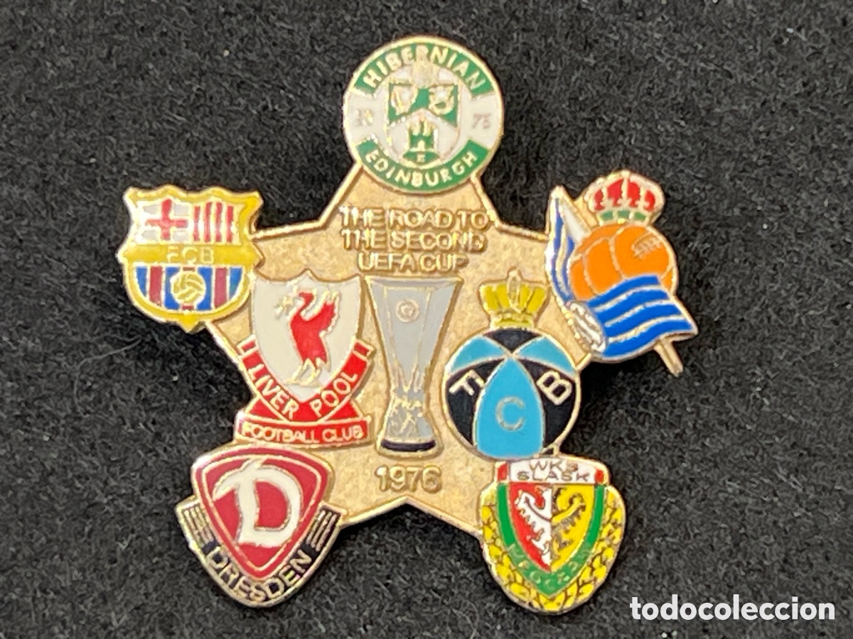 Coleccionismo deportivo: PIN FC BARCELONA REAL SOCIEDAD HIBERNIAN CLUB BRUGGE LIVERPOOL SLASK DYNAMO COPA UEFA 1975-76