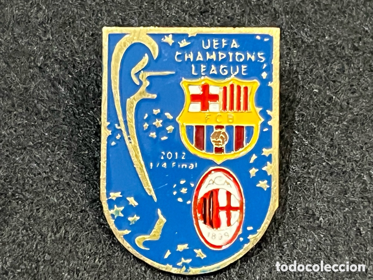 Coleccionismo deportivo: PIN FC BARCELONA AC MIL&Aacute;N CUARTOS FINAL CHANPIONS LEAGUE 2011-2012 INSIGNIA FUTBOL BAR&Ccedil;A.