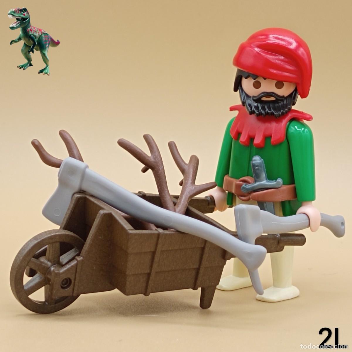 Playmobil: Playmobil figura le&ntilde;ador con carretillo le&ntilde;a arbol arbusto ramas bosque aldeano campesino medieval