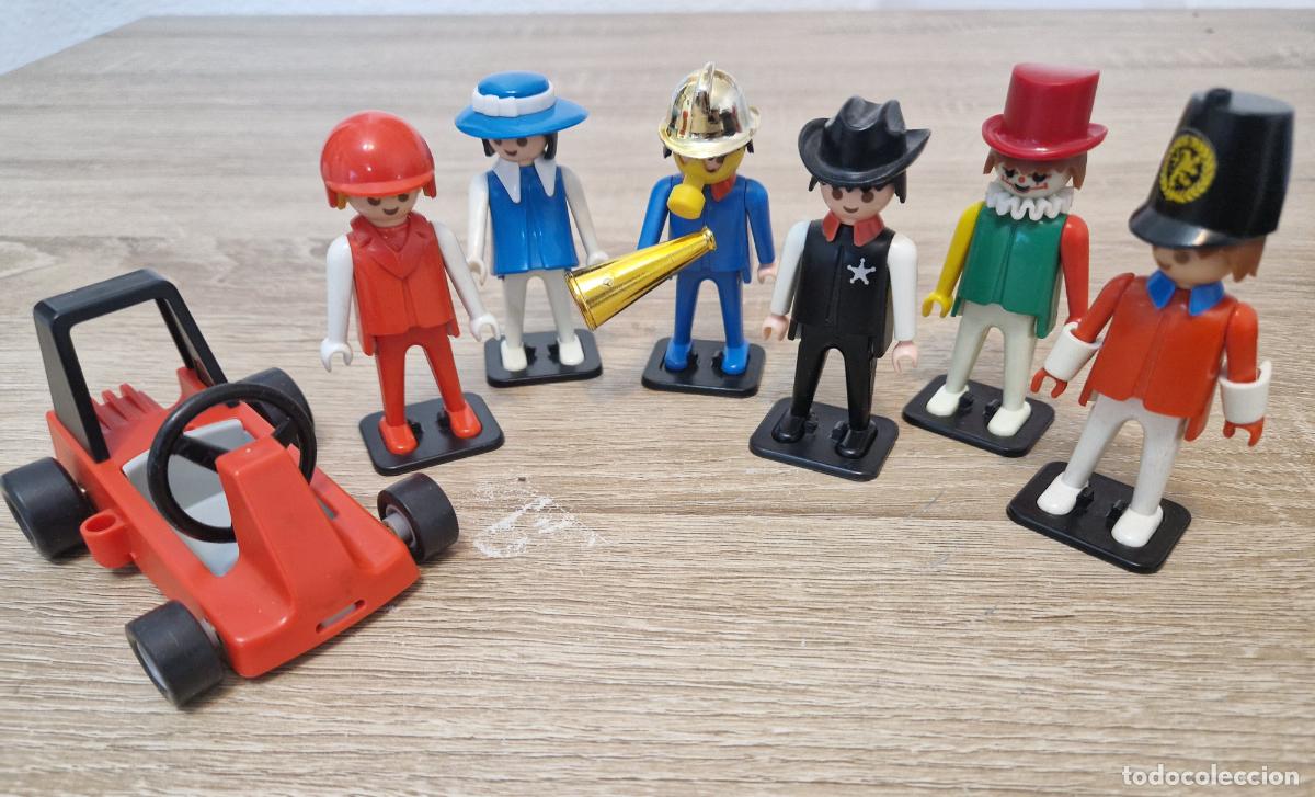 Playmobil: Antigua 6 figura mu&ntilde;eco playmobil system geobra 1974 peana payaso sherif piloto kart bombero soldado