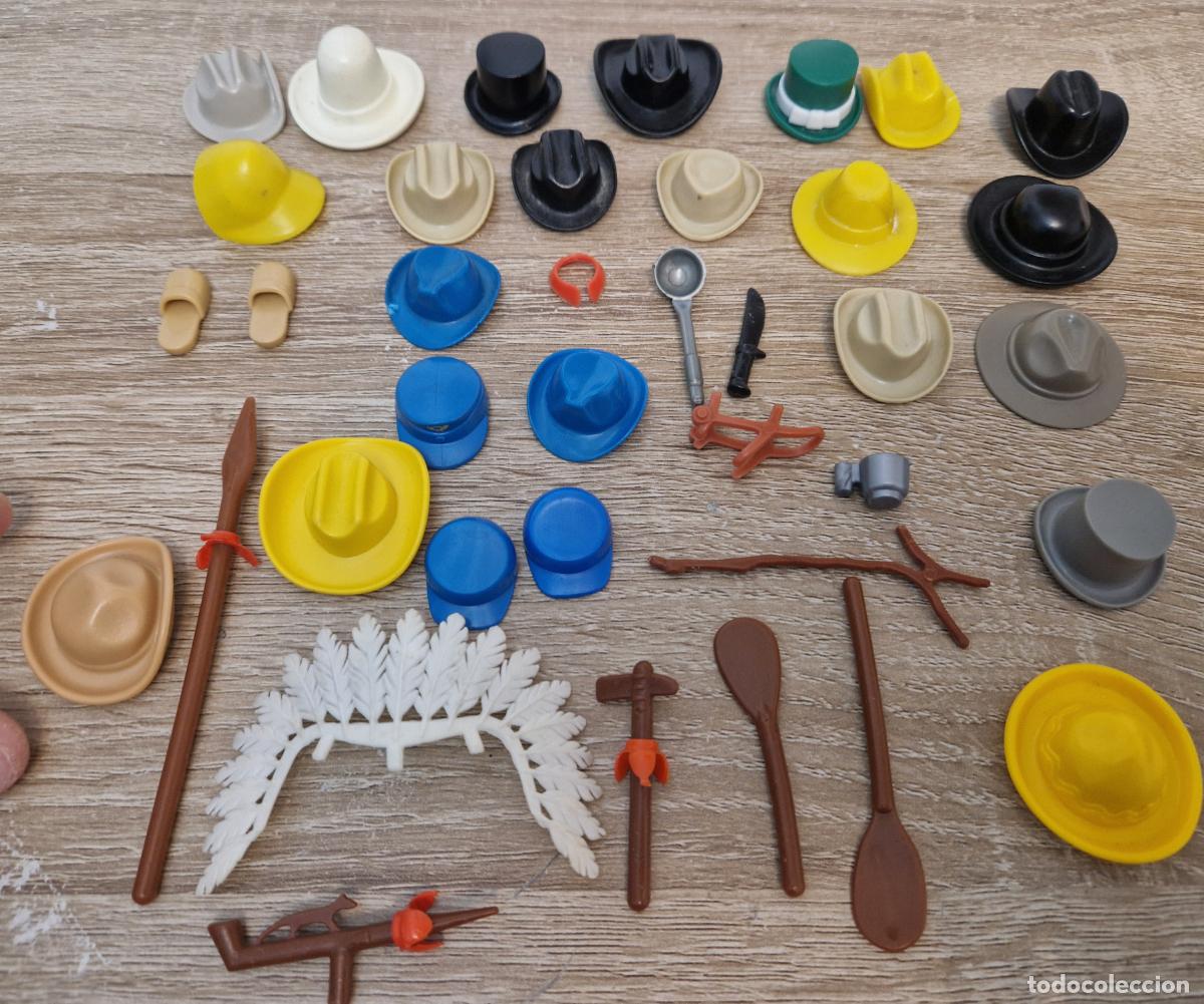 Playmobil: lote 2 antiguo Playmobil accesorio pieza sombreros oeste soldado indio vaquero cowboy arma americano