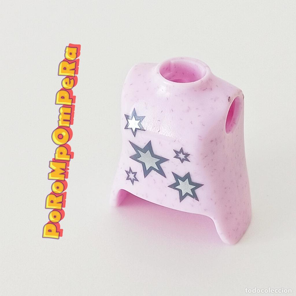 Playmobil: PLAYMOBIL TORSO MUJER ROSA PERLADO CAMISETA JERSEY DIBUJO ESTRELLAS COMPLETAR/CUSTOM TO9