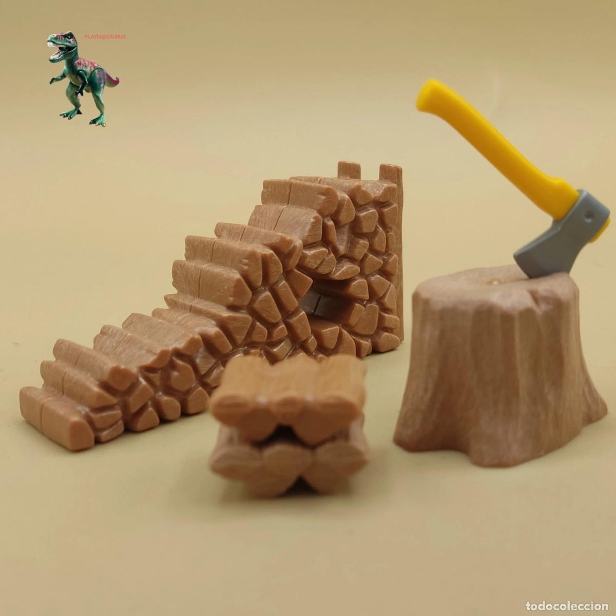 Playmobil: Playmobil conjunto le&ntilde;ador tocon madera hacha monton de le&ntilde;a caba&ntilde;a bosque carpintero herrero