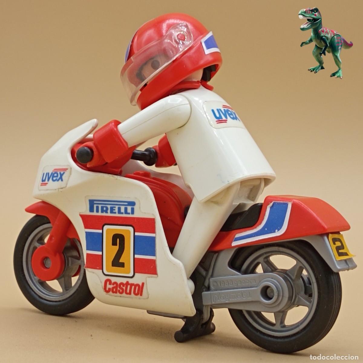Playmobil: Playmobil 3303 piloto con moto Uvex Castrol Pirelli motorista motocicleta carrera competicion
