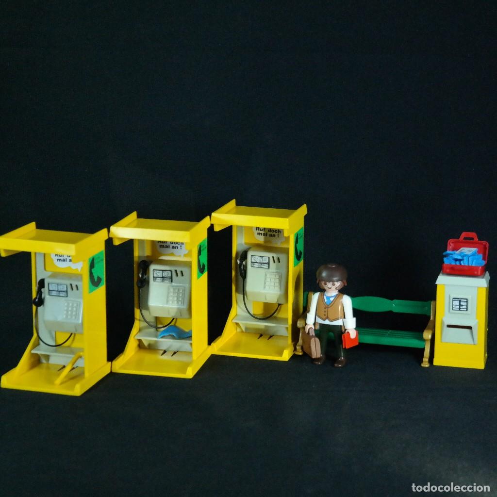 Playmobil: Playmobil 3 cabinas telefonicas con banco, buzon y figura ☼