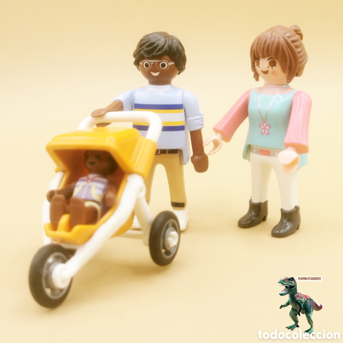 Playmobil: Playmobil pareja interracial mujer hombre bebe ni&ntilde;o cochecito paseo parque ciudad carricoche