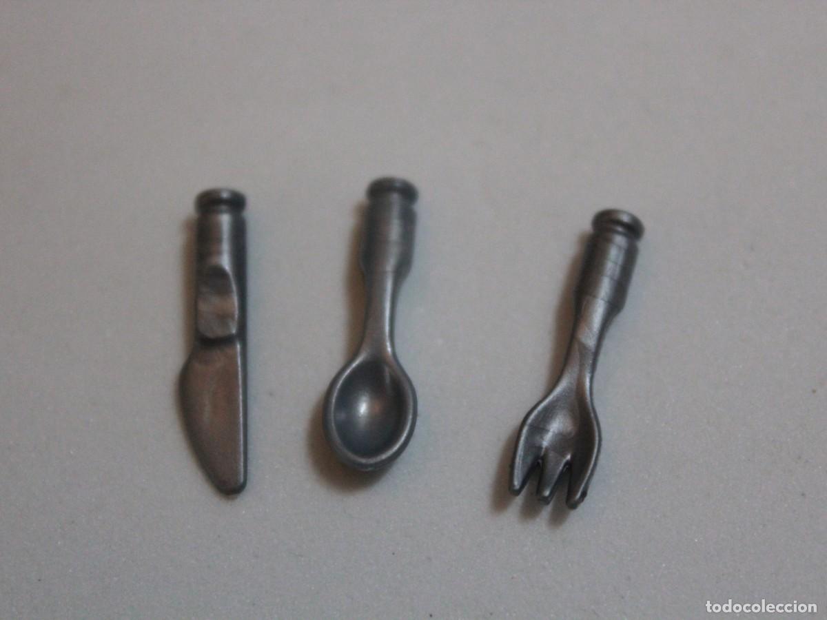 Playmobil: Playmobil accesorio cubiertos grises cuchillo cuchara tenedor menaje cocina lote 3 piezas