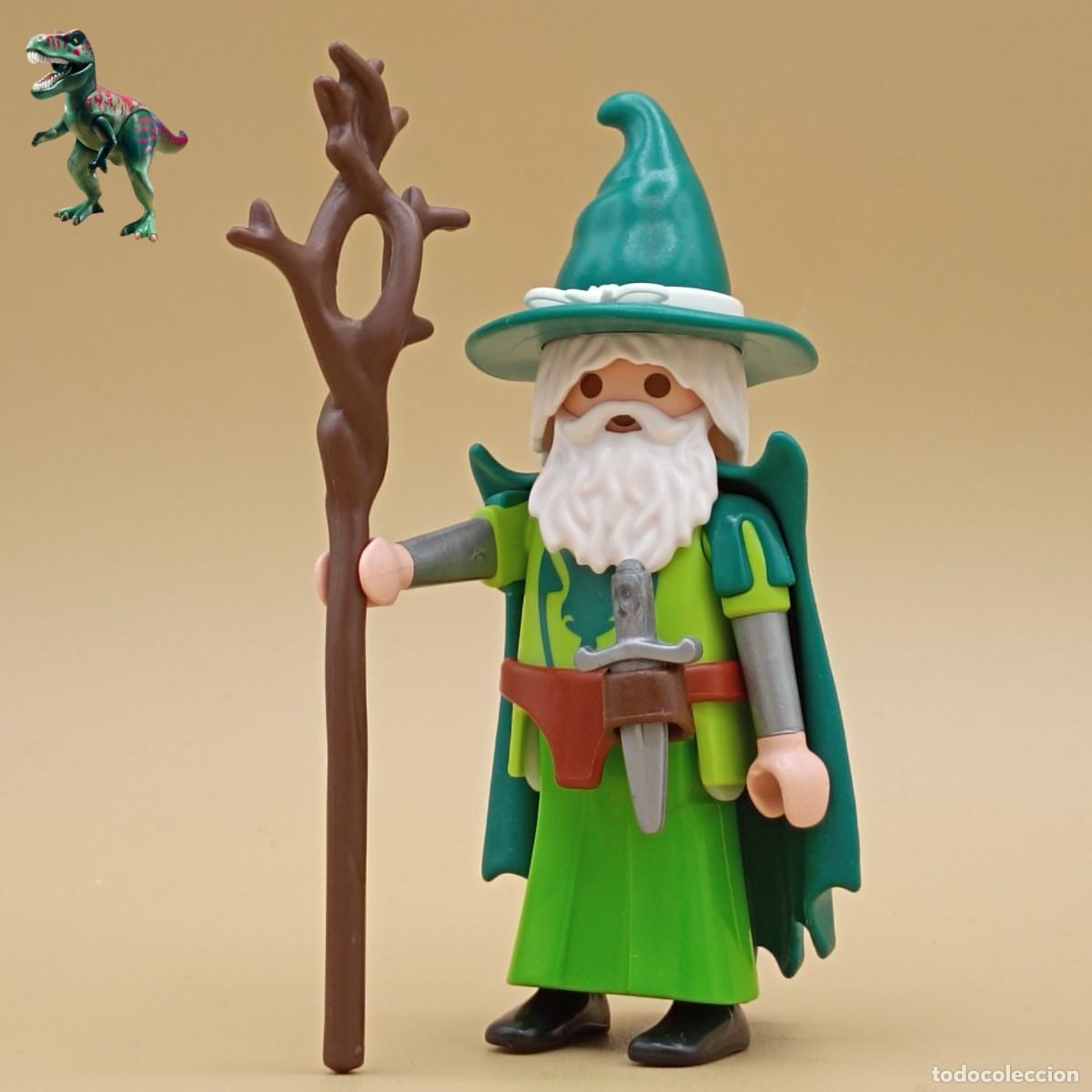 Playmobil: Playmobil figura druida mago del dragon verde brujo hechicero Merlin Gandalf baston medieval