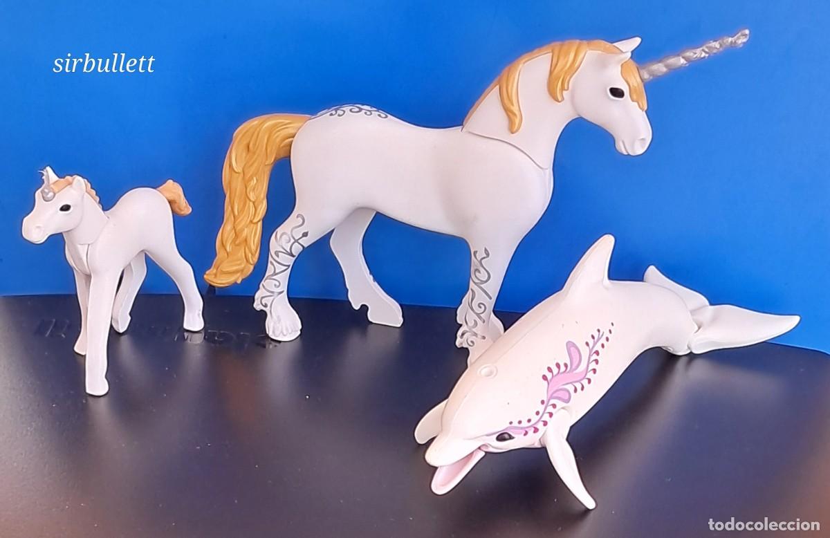 Playmobil: Animales m&aacute;gicos fantas&iacute;a hadas. Playmobil 9133 9132. Delf&iacute;n, unicornios. Cuernos mordidos