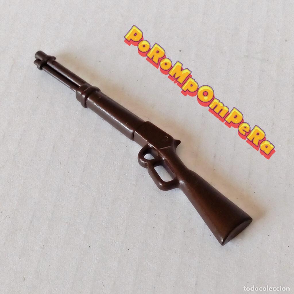Playmobil: PLAYMOBIL RIFLE AMERICANO MARR&Oacute;N OSCURO ESCOPETA WINCHESTER OESTE BANDIDO SHERIFF T5