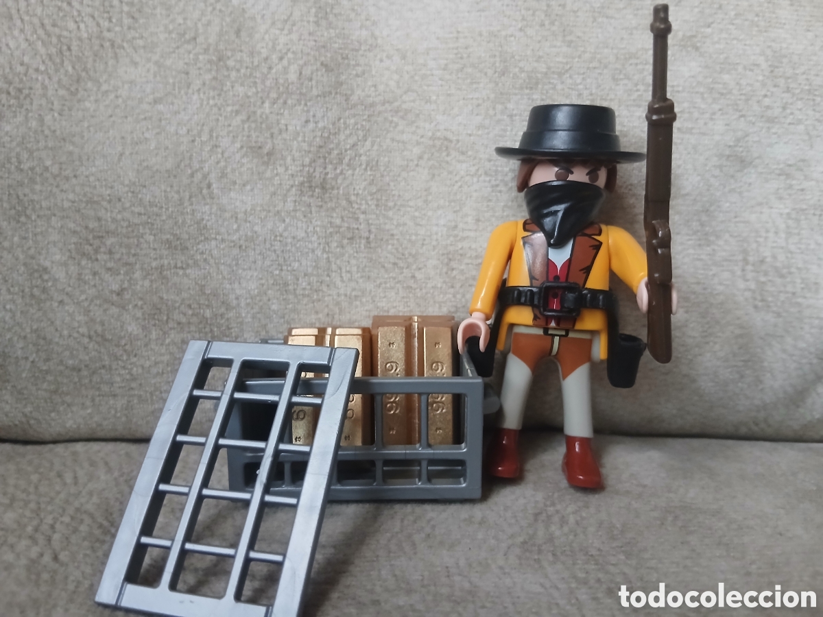 Playmobil: Figura Playmobil Bandido Oeste + Caja Lingotes de Oro
