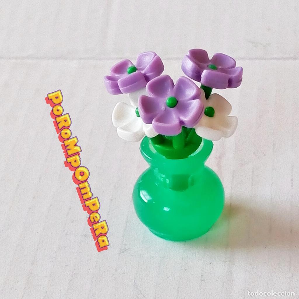 Playmobil: PLAYMOBIL JARR&Oacute;N VERDE TRASL&Uacute;CIDO + RAMO DE FLORES MACETA MACETERO PLANTA VEGETACI&Oacute;N FLOR FLORERO T9