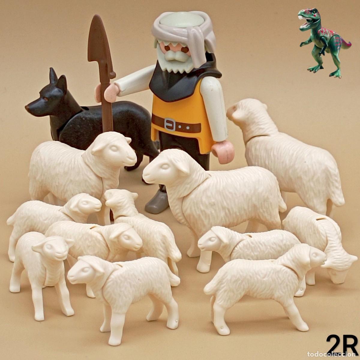 Playmobil: Playmobil pastor con reba&ntilde;o de ovejas animales de granja ganado aldeano campesino medieval belen
