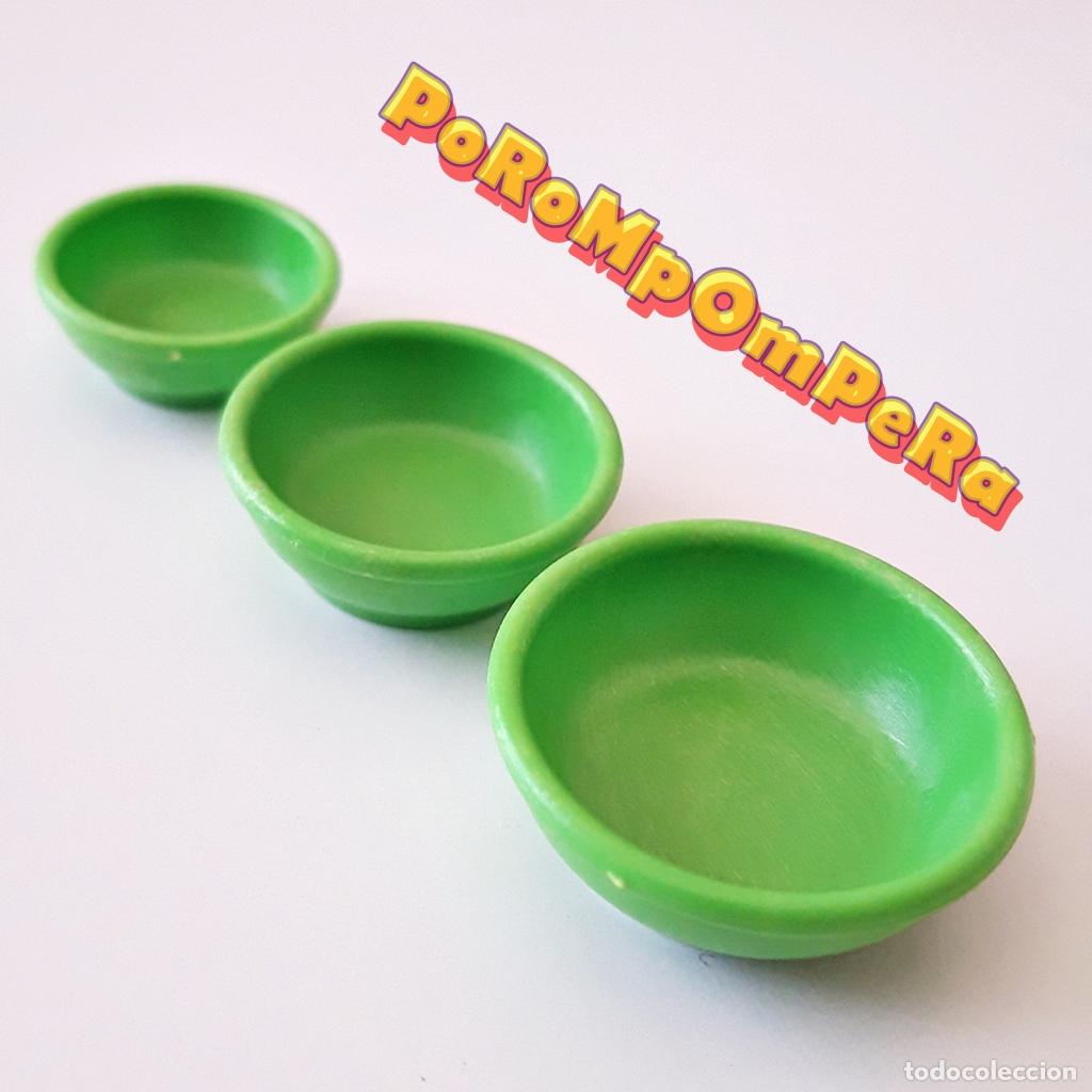 Playmobil: PLAYMOBIL LOTE X3 CUENCOS VERDES DIFERENTES PLATOS VAJILLA COCINA COMEDOR CAFETER&Iacute;A RESTAURANTE VJ