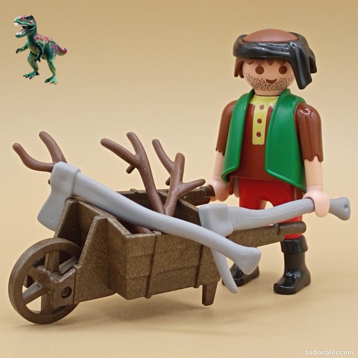 Playmobil: Playmobil figura le&ntilde;ador con carretillo le&ntilde;a arbol arbusto ramas bosque aldeano campesino medieval