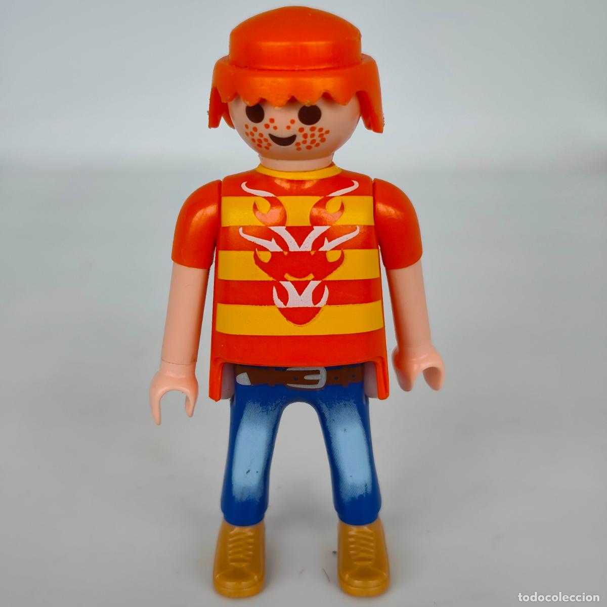 Playmobil: Figura Playmobil, chico con tejanos, camiseta color naranja a rayas 1992