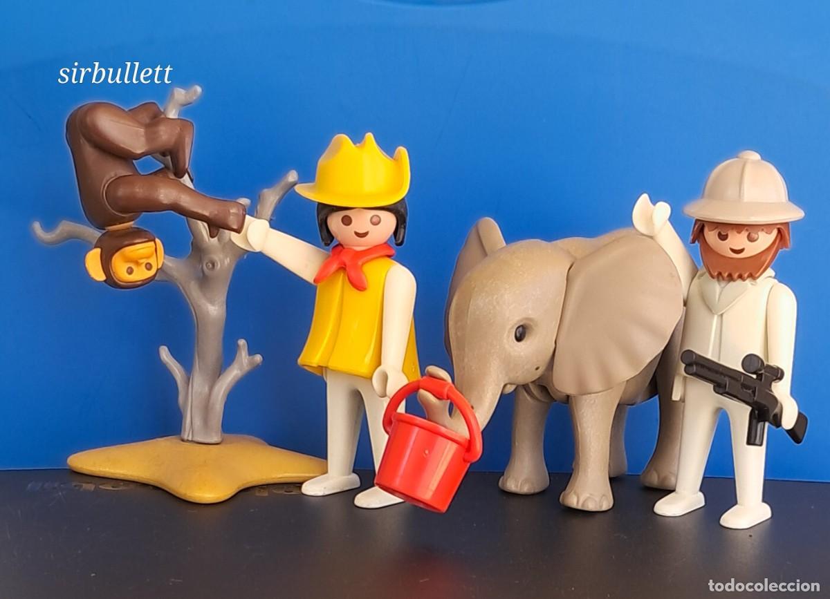 Playmobil: Playmobil Vintage 2 figuras Safari cazador y mujer Animales 3414 Famobil. Chimpanc&eacute;, cr&iacute;a elefante.