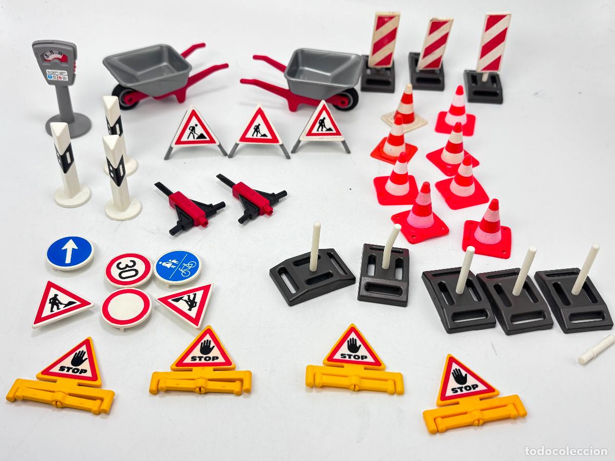 Playmobil: Playmobil lote carretilla triangulo postes se&ntilde;al cono obra