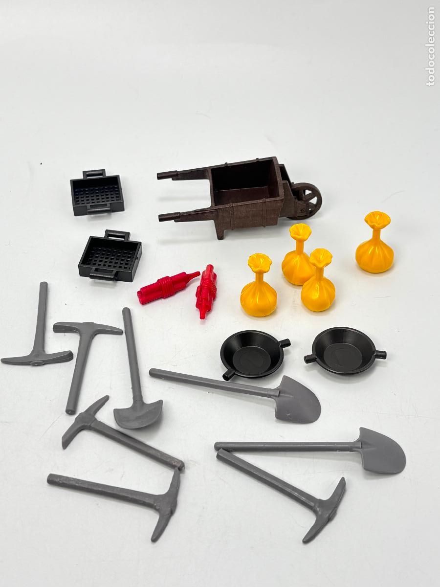 Playmobil: Playmobil lote carretilla bolsa criba dinamita pala buscador oro
