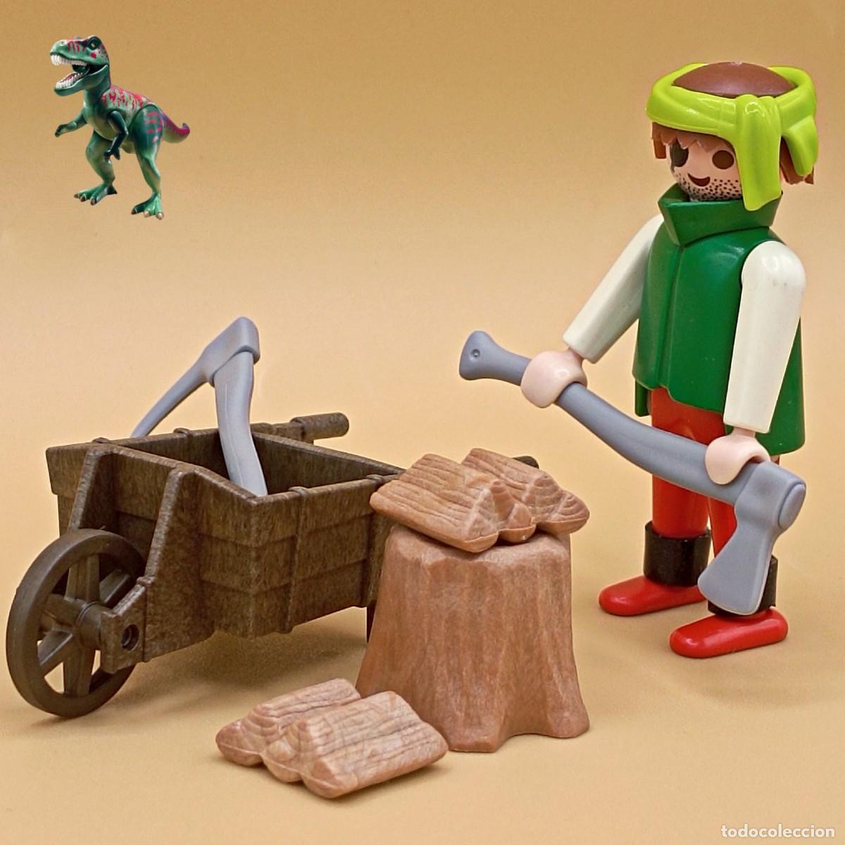 Playmobil: Playmobil figura le&ntilde;ador con carretillo tocon le&ntilde;a arbol bosque aldeano campesino medieval