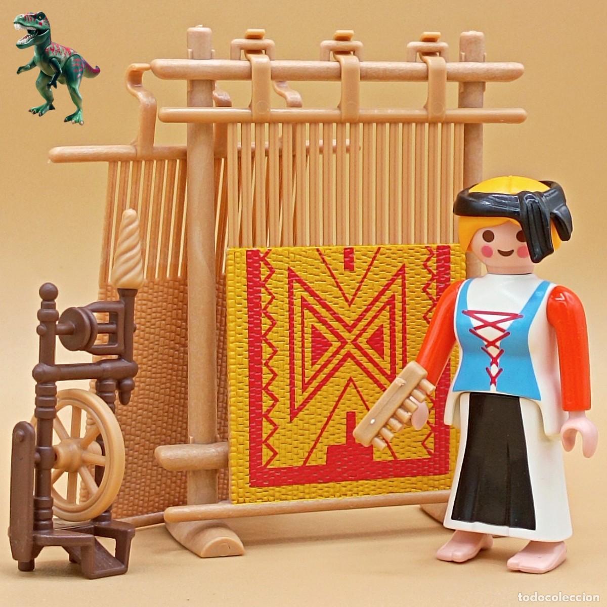 Playmobil: Playmobil hilandera con telar rueca tapiz alfombra mujer tejedora campesina aldea mercado medieval