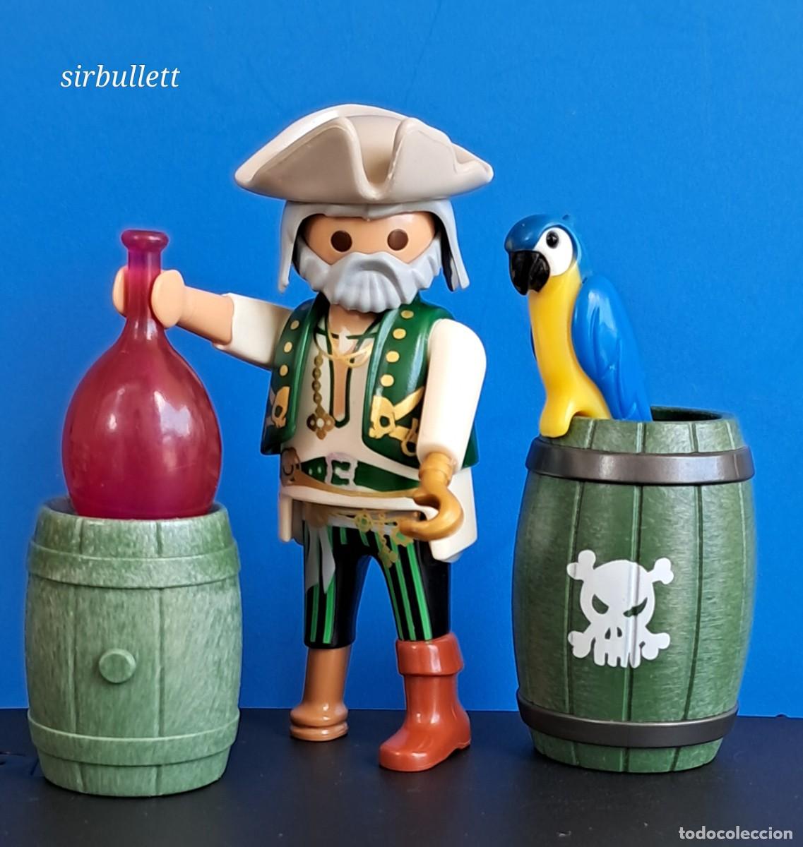 Playmobil: Figura Pirata viejo Barriles Loro Botella. Playmobil