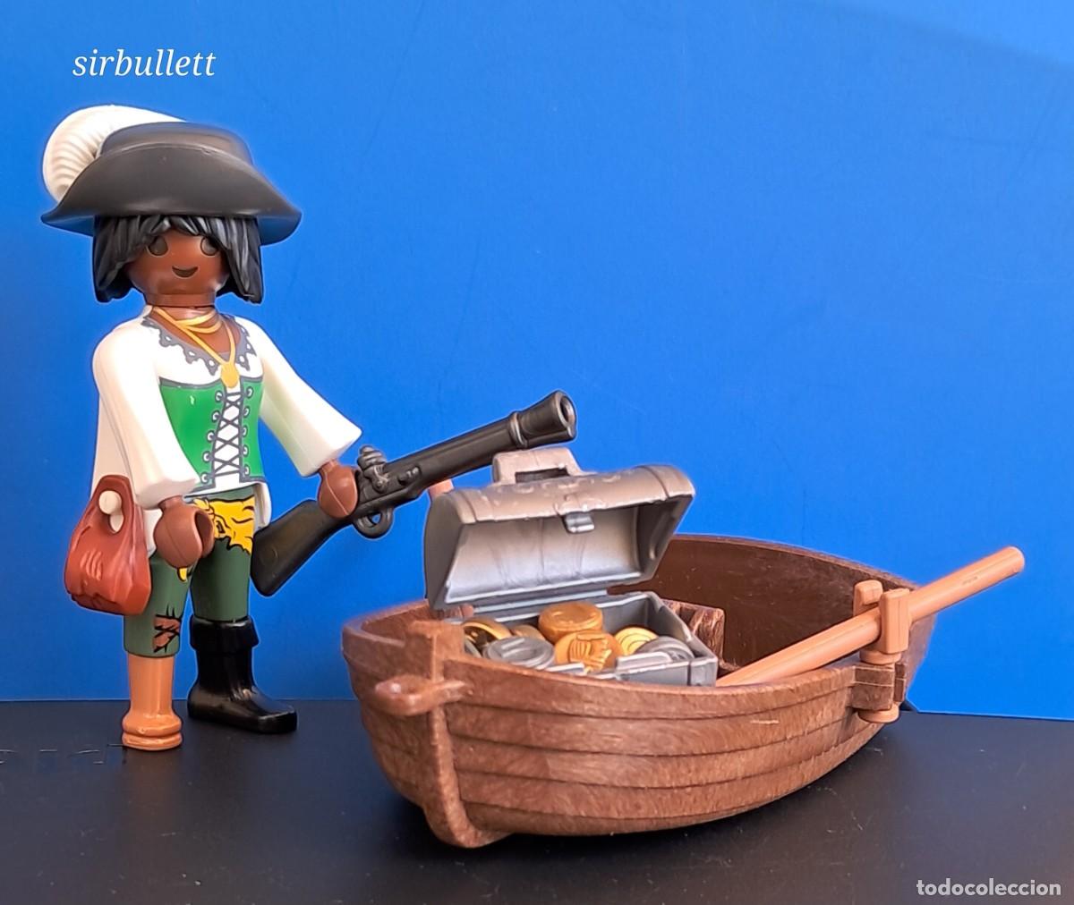Playmobil: Figura mujer pirata, aventurera con barca y cofre con tesoro. Playmobil