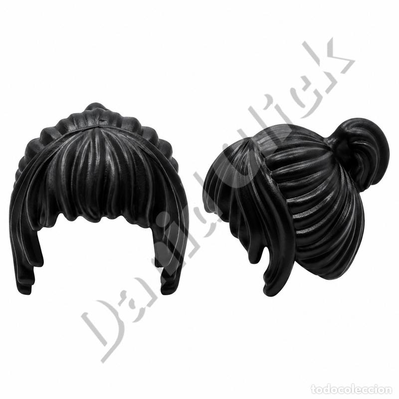 Playmobil: Playmobil Peluca Mujer Morena Negra con Mo&ntilde;o y Flequillo Largo Figura Repuesto Custom