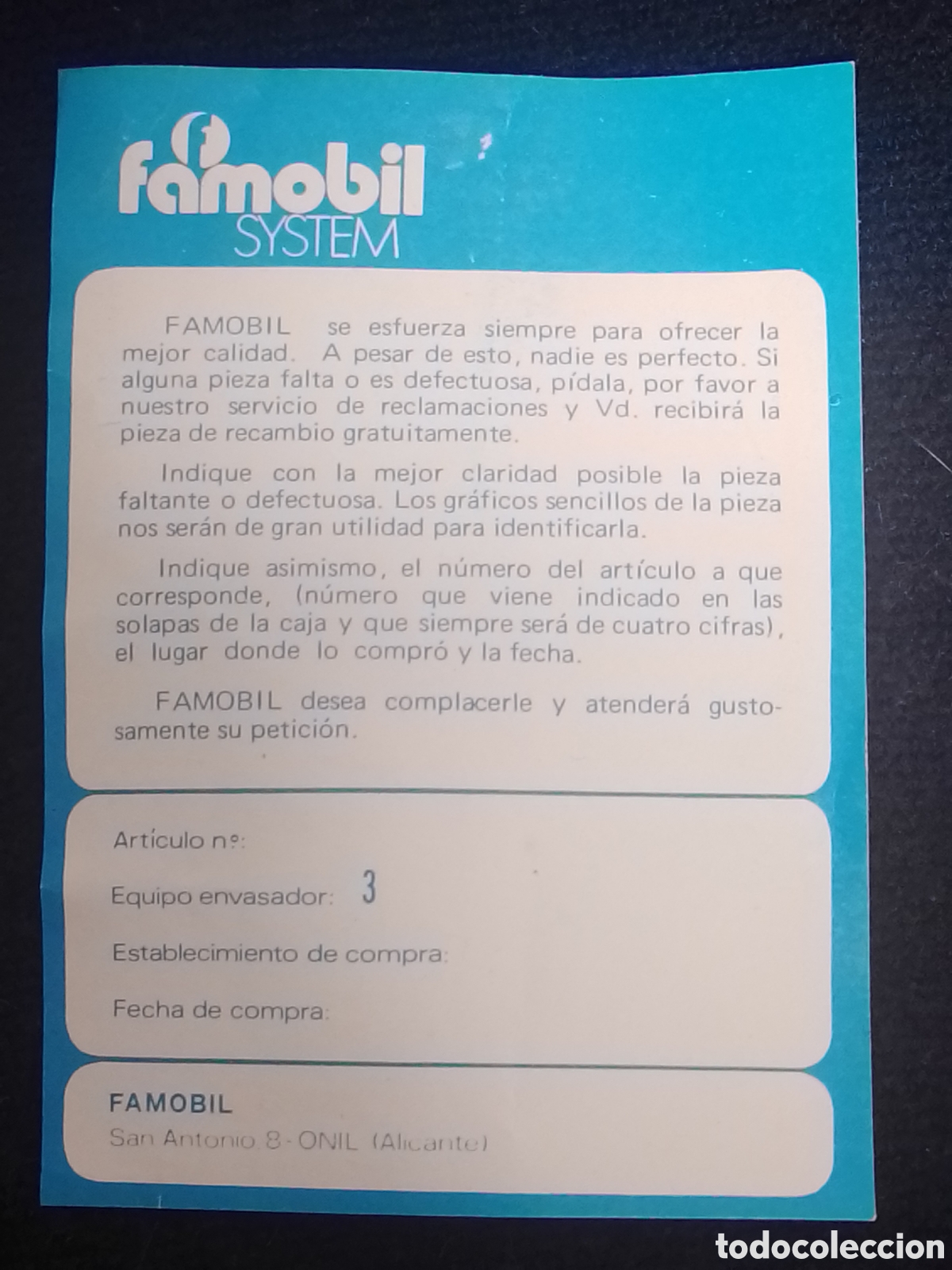 Playmobil: Hoja de garant&iacute;a - Famobil.