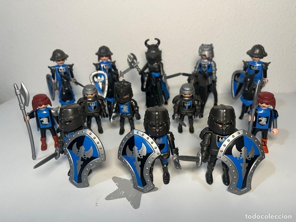 Playmobil: Playmobil caballeros medievales azules y negros con caballos, rey y alabarderos
