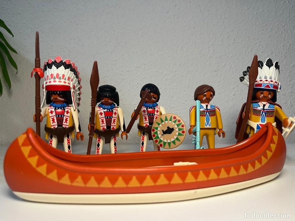 Playmobil: Playmobil indios del Oeste con canoa, jefes con penacho, escudos y lanzas