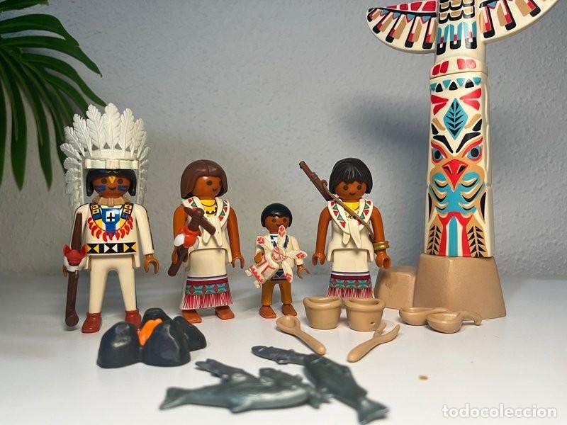 Playmobil: Playmobil familia india con jefe, t&oacute;tem, hoguera y peces