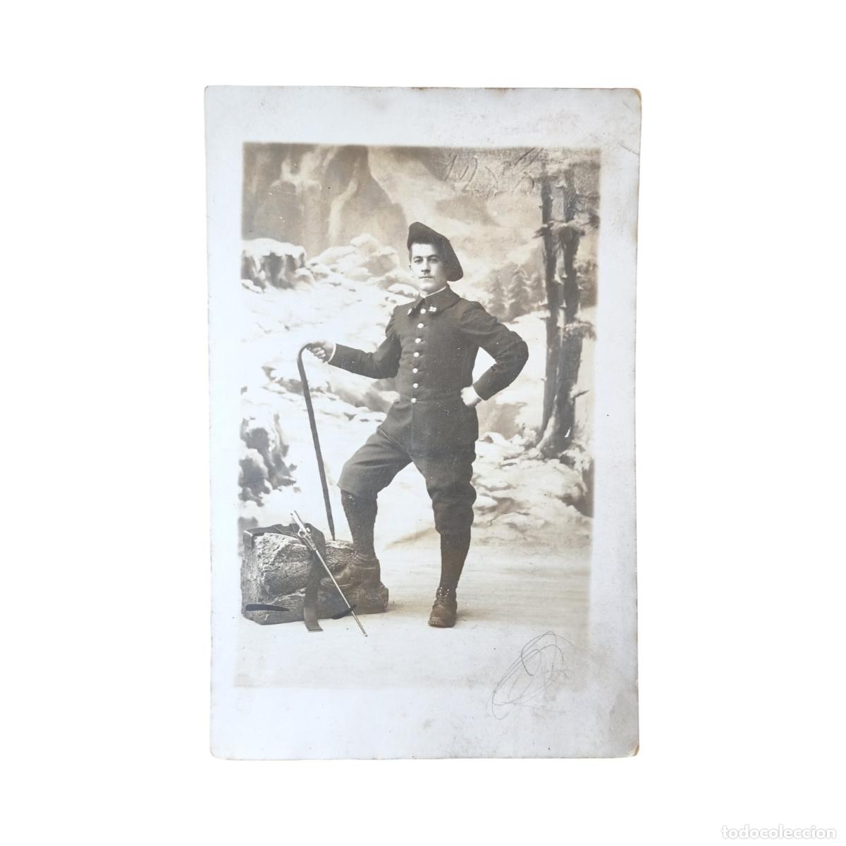 Postal Fotográfica Antigua Soldado Militar Francés Tropas de Montaña 22 Batal...