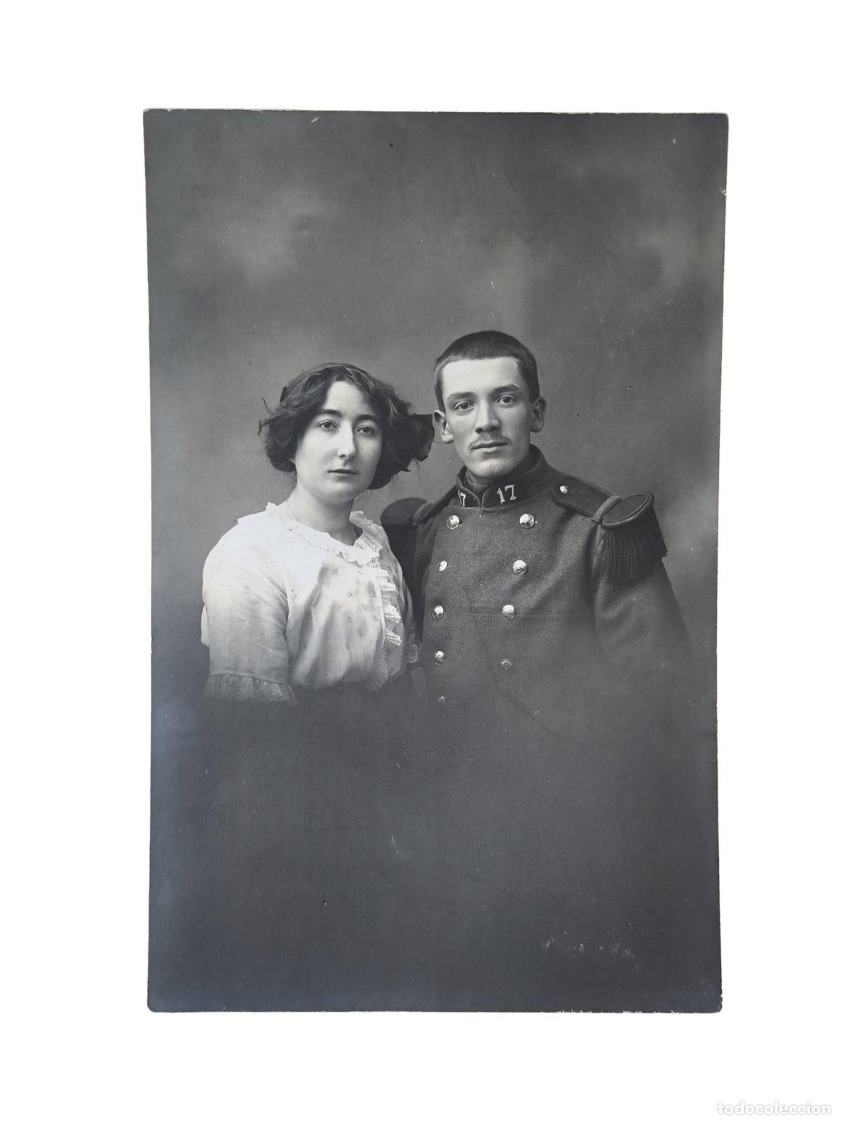 Fotografía Antigua Militar Francés Regimiento 17 Pareja Lyon 14x9 cm