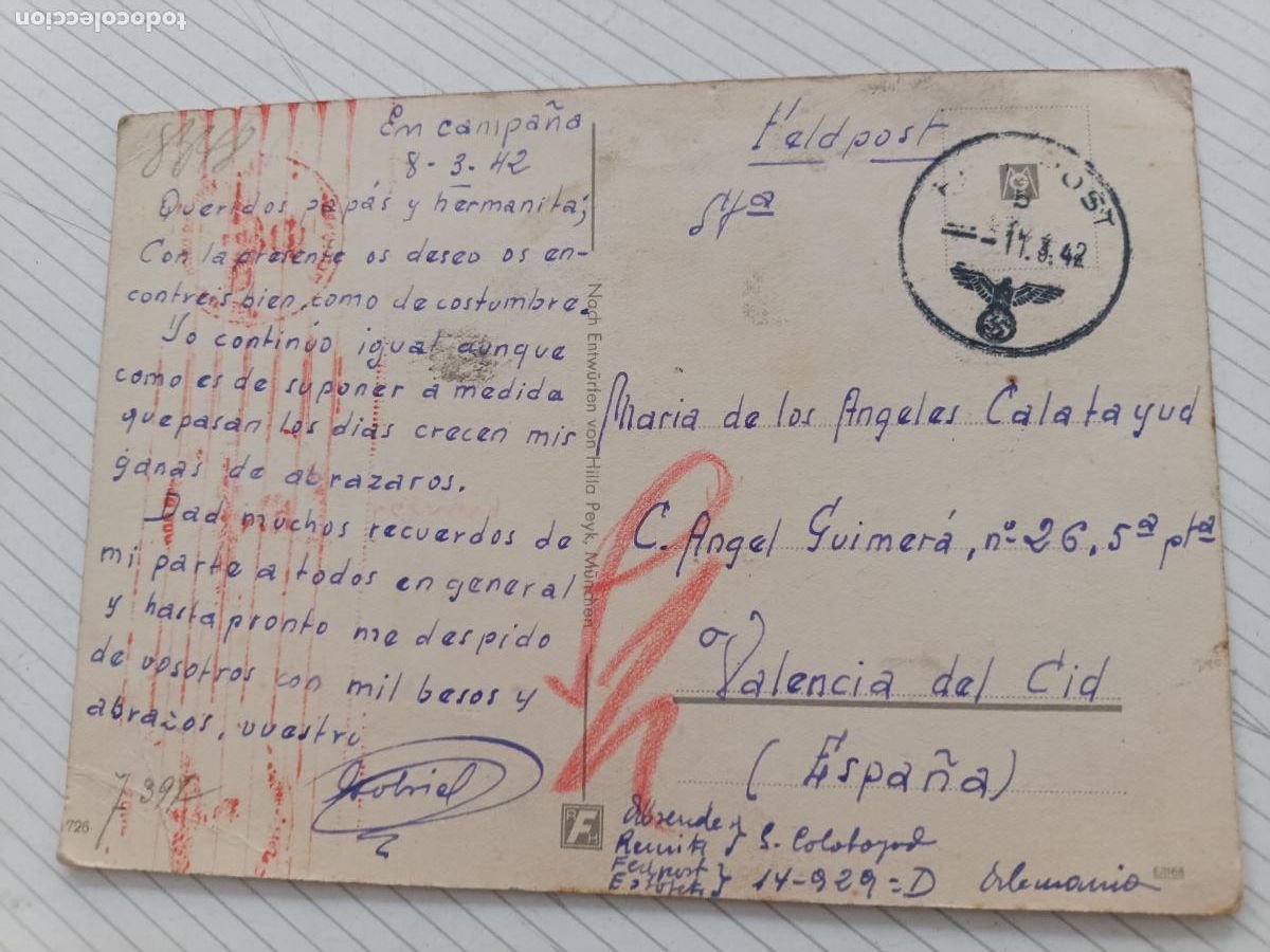 Postales: Postal divisionario. Divisi&oacute;n azul Rusia a Valencia Feldpost, en campa&ntilde;a 1942